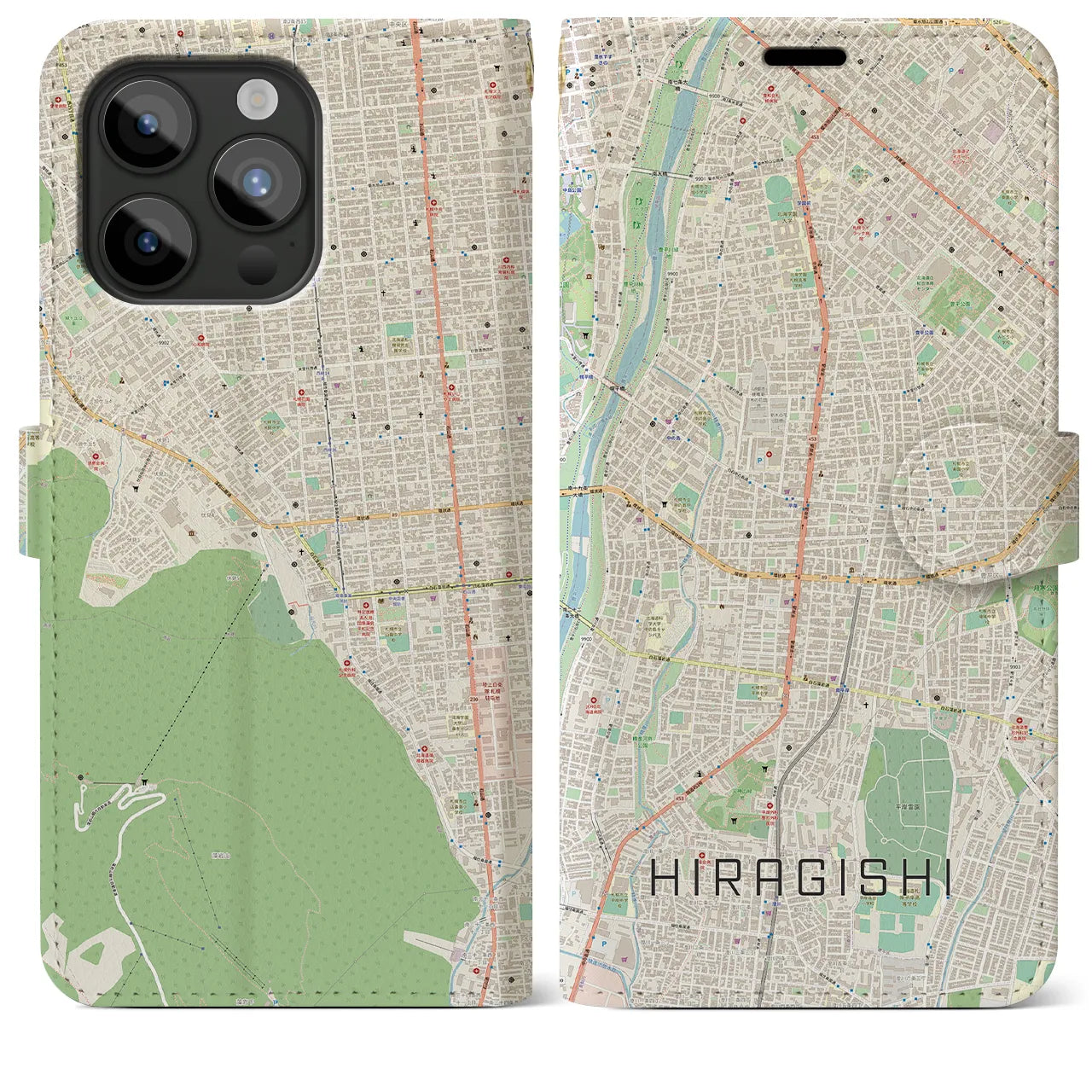 【平岸】地図柄iPhoneケース（手帳両面タイプ・ナチュラル）iPhone 15 Pro Max 用