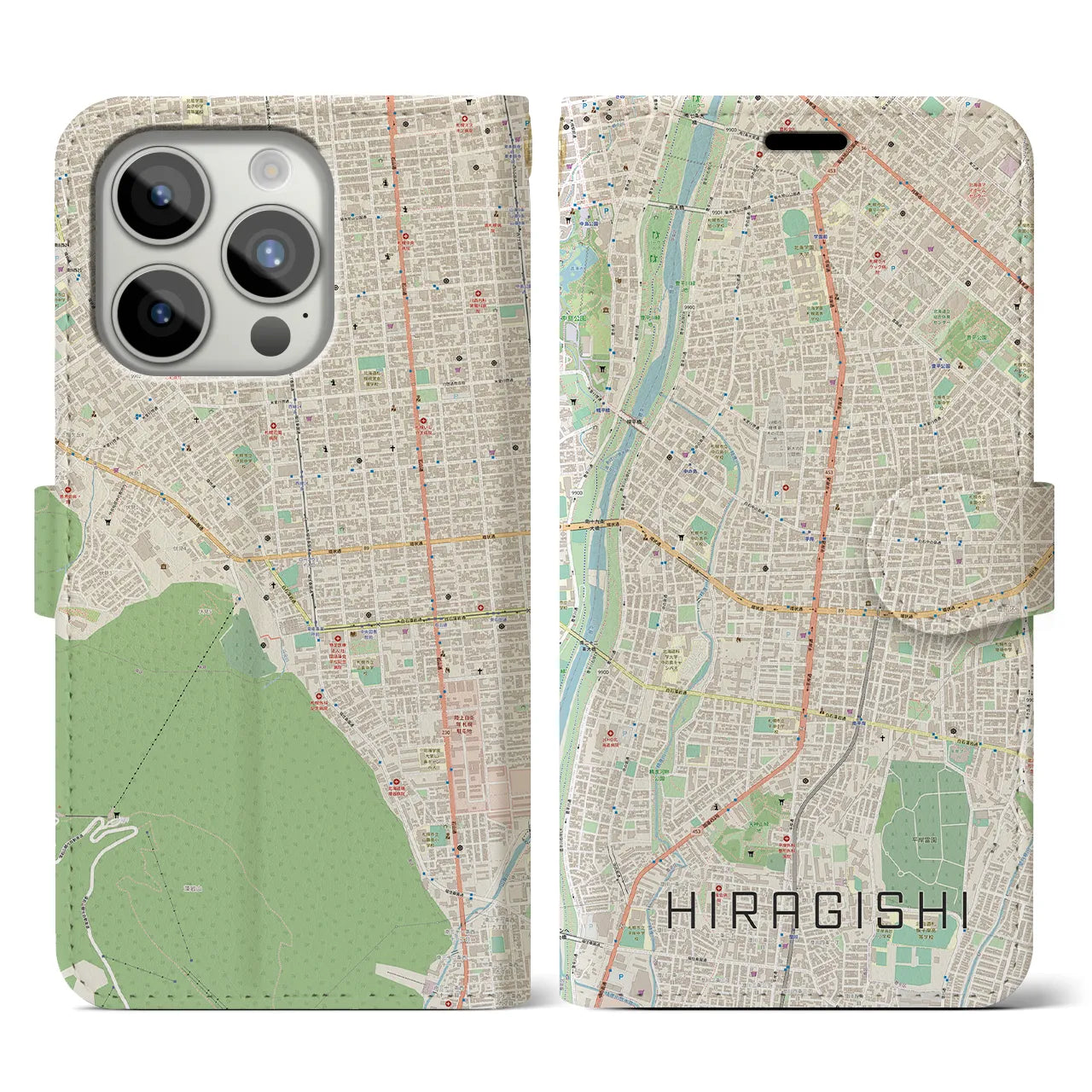 【平岸】地図柄iPhoneケース（手帳両面タイプ・ナチュラル）iPhone 15 Pro 用