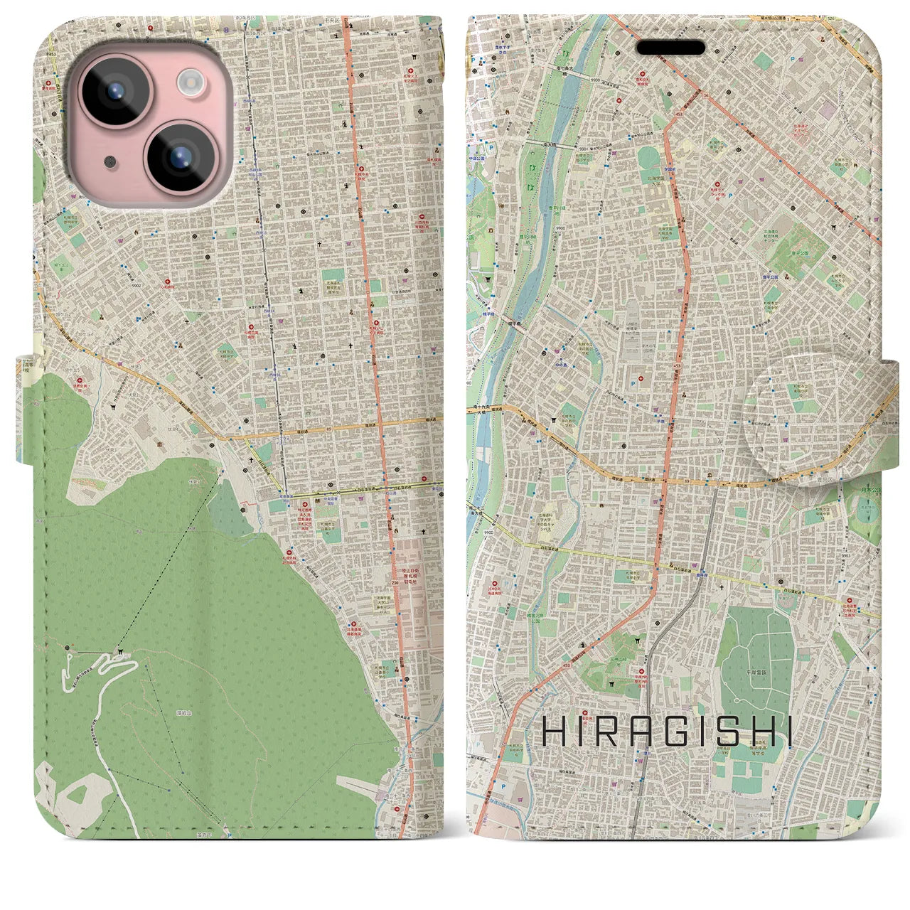 【平岸】地図柄iPhoneケース（手帳両面タイプ・ナチュラル）iPhone 15 Plus 用