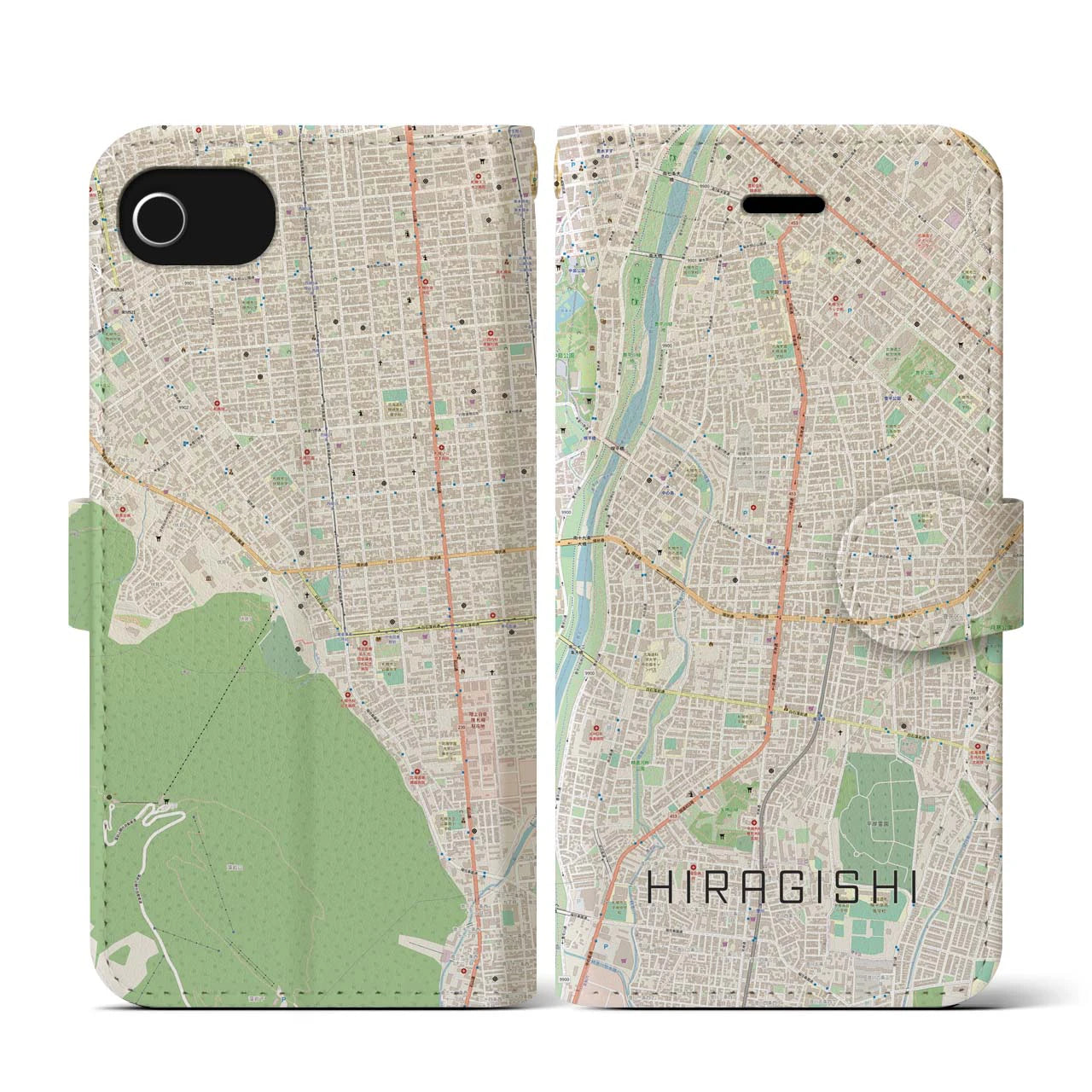 【平岸】地図柄iPhoneケース（手帳両面タイプ・ナチュラル）iPhone SE（第3 / 第2世代） / 8 / 7 / 6s / 6 用