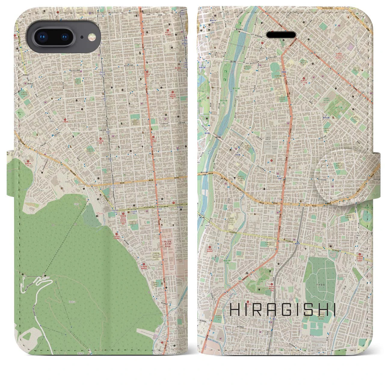 【平岸】地図柄iPhoneケース（手帳両面タイプ・ナチュラル）iPhone 8Plus /7Plus / 6sPlus / 6Plus 用