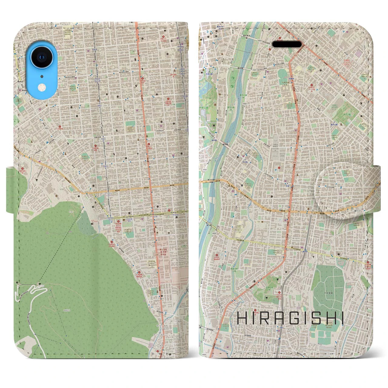 【平岸】地図柄iPhoneケース（手帳両面タイプ・ナチュラル）iPhone XR 用