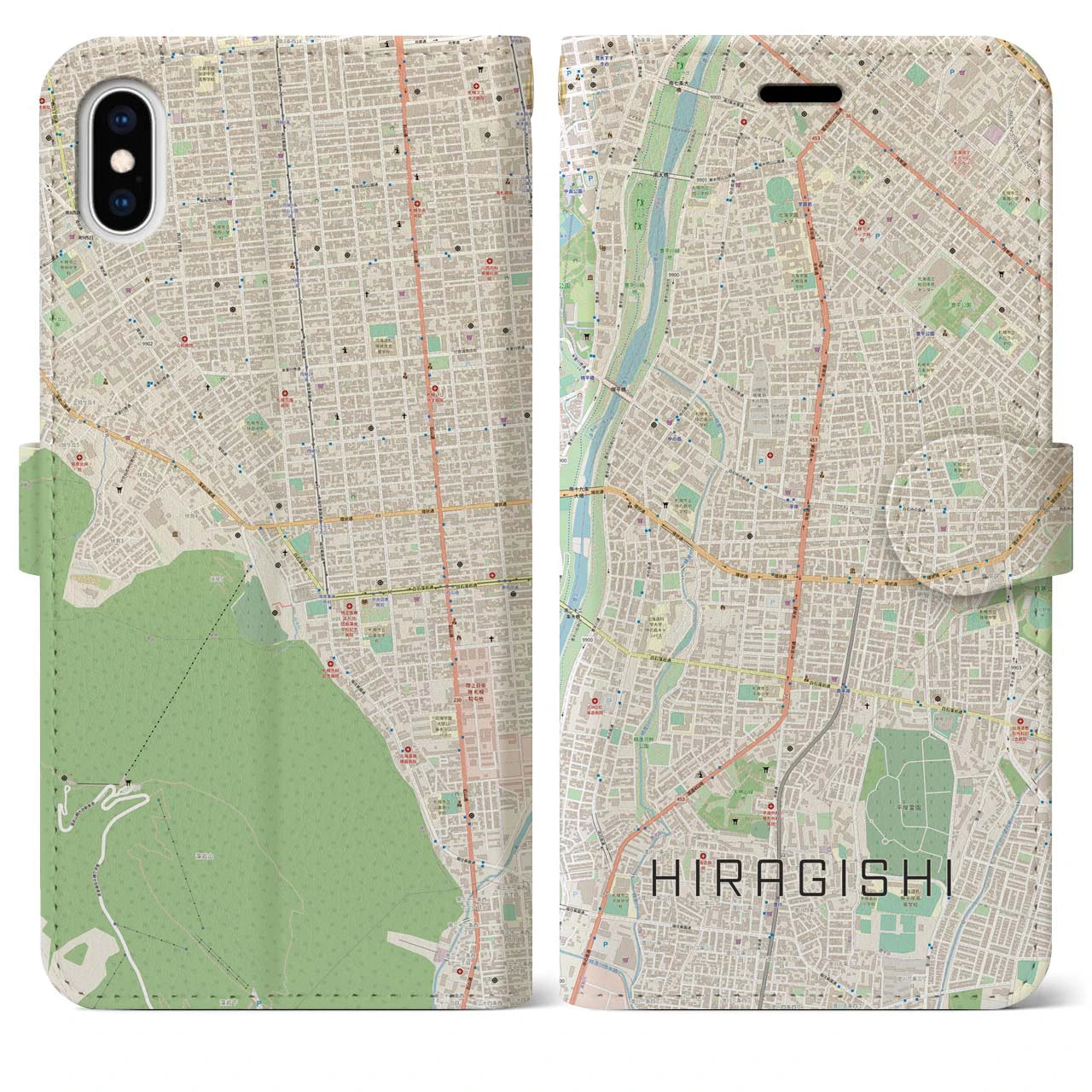 【平岸】地図柄iPhoneケース（手帳両面タイプ・ナチュラル）iPhone XS Max 用