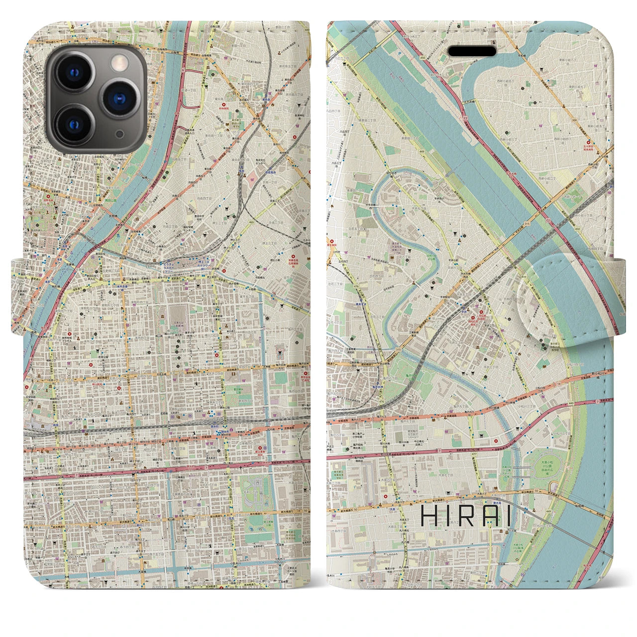 【平井】地図柄iPhoneケース（手帳両面タイプ・ナチュラル）iPhone 11 Pro Max 用