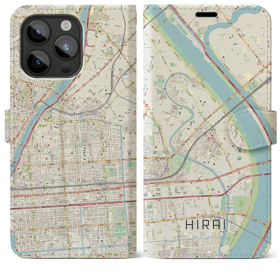 【平井】地図柄iPhoneケース（手帳両面タイプ・ナチュラル）iPhone 15 Pro Max 用