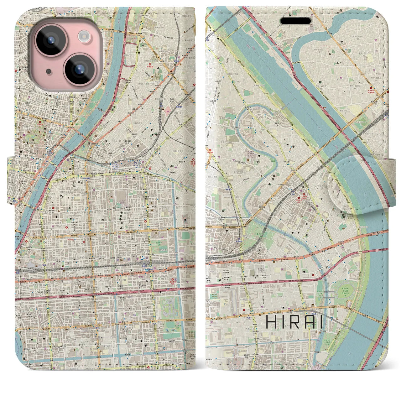 【平井】地図柄iPhoneケース（手帳両面タイプ・ナチュラル）iPhone 15 Plus 用