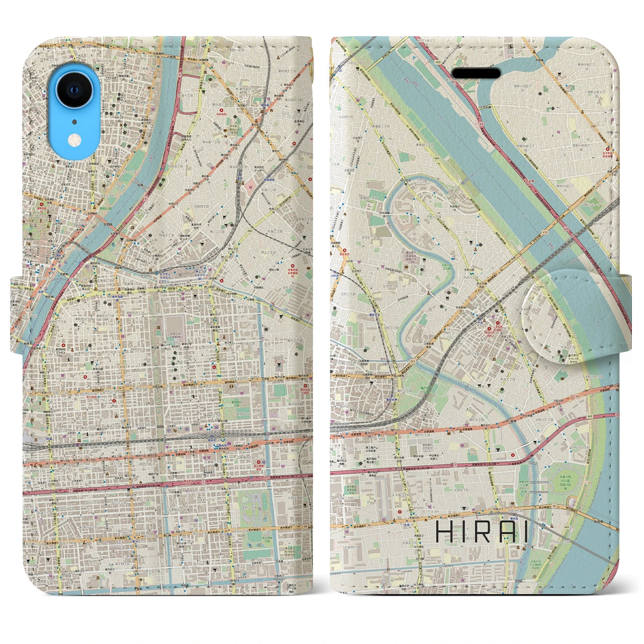 【平井】地図柄iPhoneケース（手帳両面タイプ・ナチュラル）iPhone XR 用