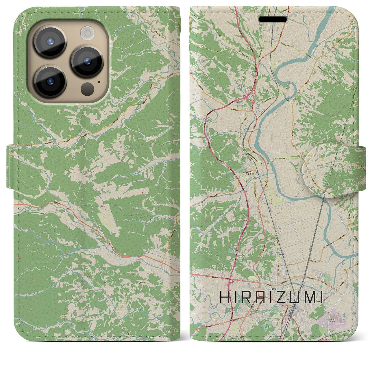 【平泉】地図柄iPhoneケース（手帳両面タイプ・ナチュラル）iPhone 14 Pro Max 用