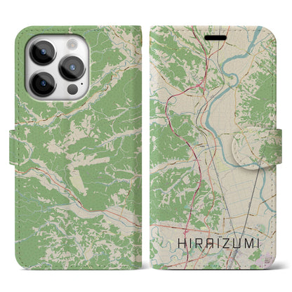【平泉（岩手県）】地図柄iPhoneケース（手帳タイプ）ナチュラル・iPhone 14 Pro 用
