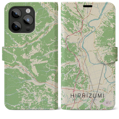 【平泉（岩手県）】地図柄iPhoneケース（手帳タイプ）ナチュラル・iPhone 15 Pro Max 用