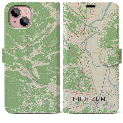 【平泉（岩手県）】地図柄iPhoneケース（手帳タイプ）ナチュラル・iPhone 15 Plus 用