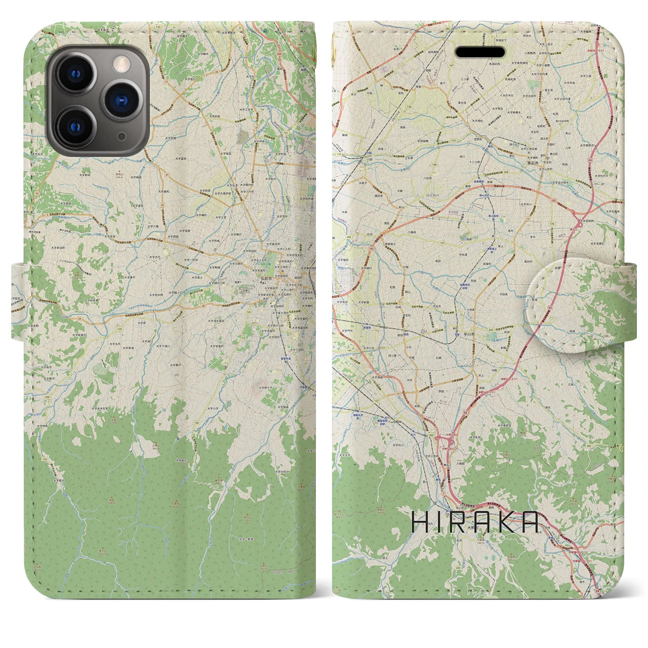 【平賀】地図柄iPhoneケース（手帳両面タイプ・ナチュラル）iPhone 11 Pro Max 用