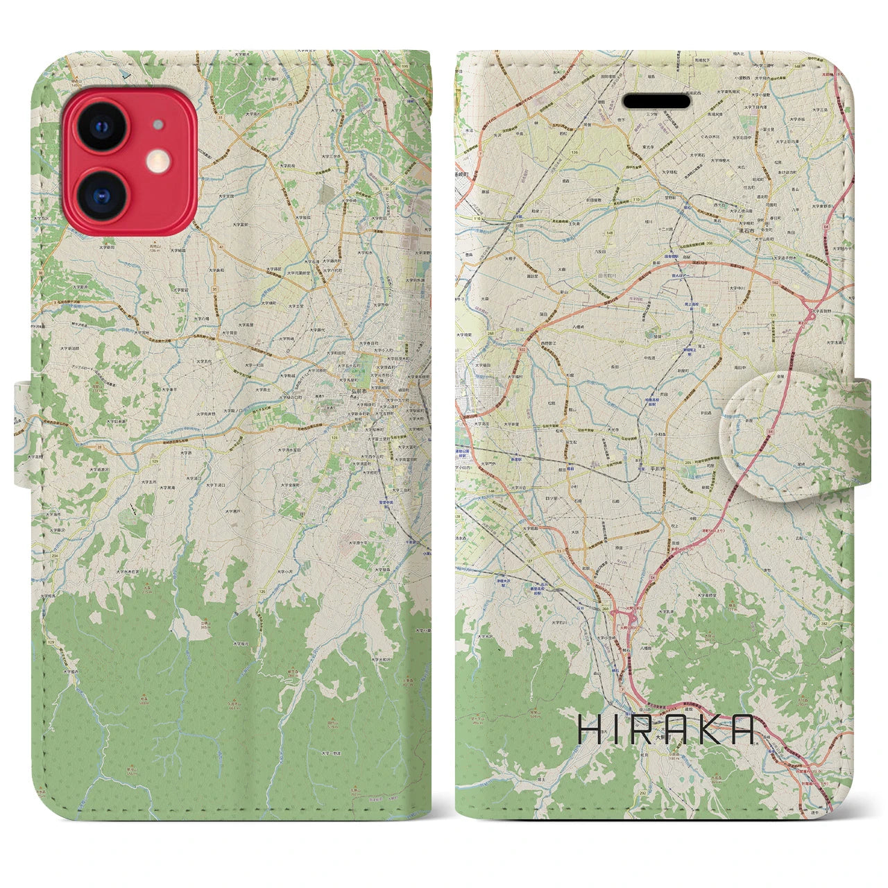 【平賀】地図柄iPhoneケース（手帳両面タイプ・ナチュラル）iPhone 11 用
