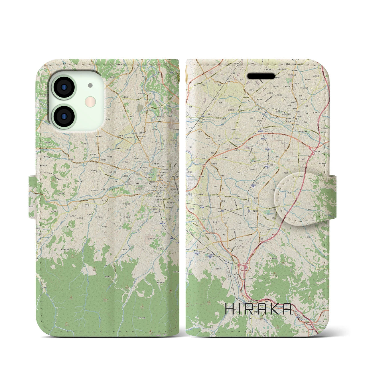 【平賀】地図柄iPhoneケース（手帳両面タイプ・ナチュラル）iPhone 12 mini 用