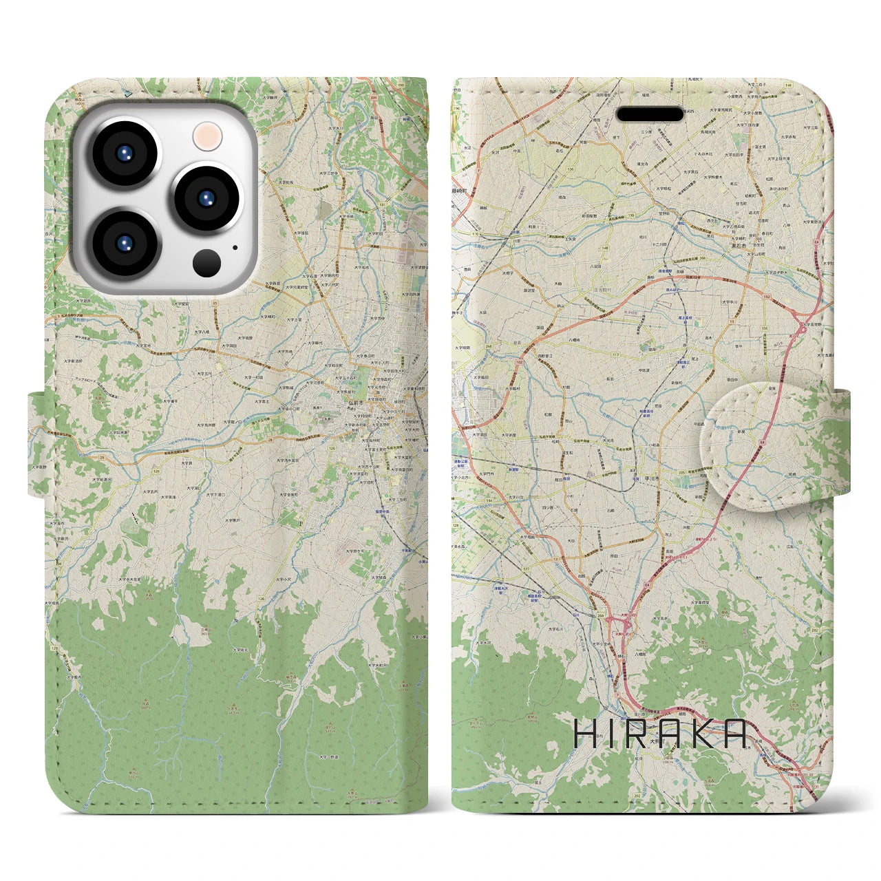 【平賀】地図柄iPhoneケース（手帳両面タイプ・ナチュラル）iPhone 13 Pro 用