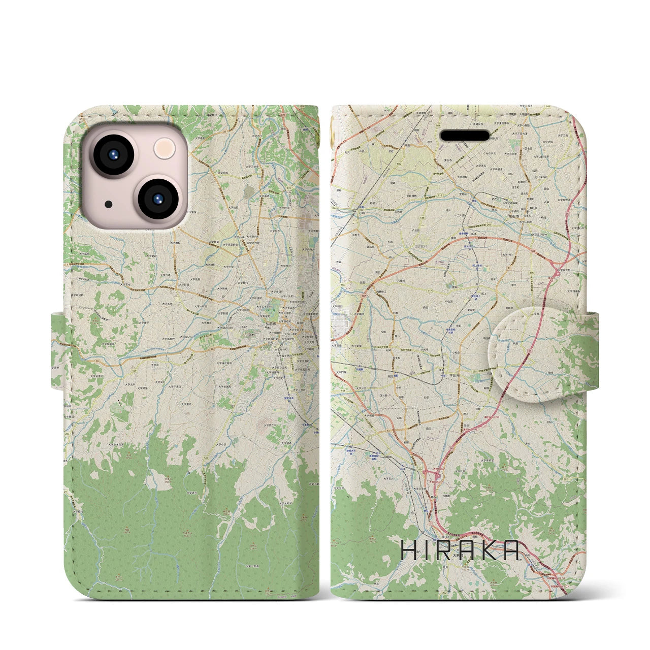 【平賀】地図柄iPhoneケース（手帳両面タイプ・ナチュラル）iPhone 13 mini 用