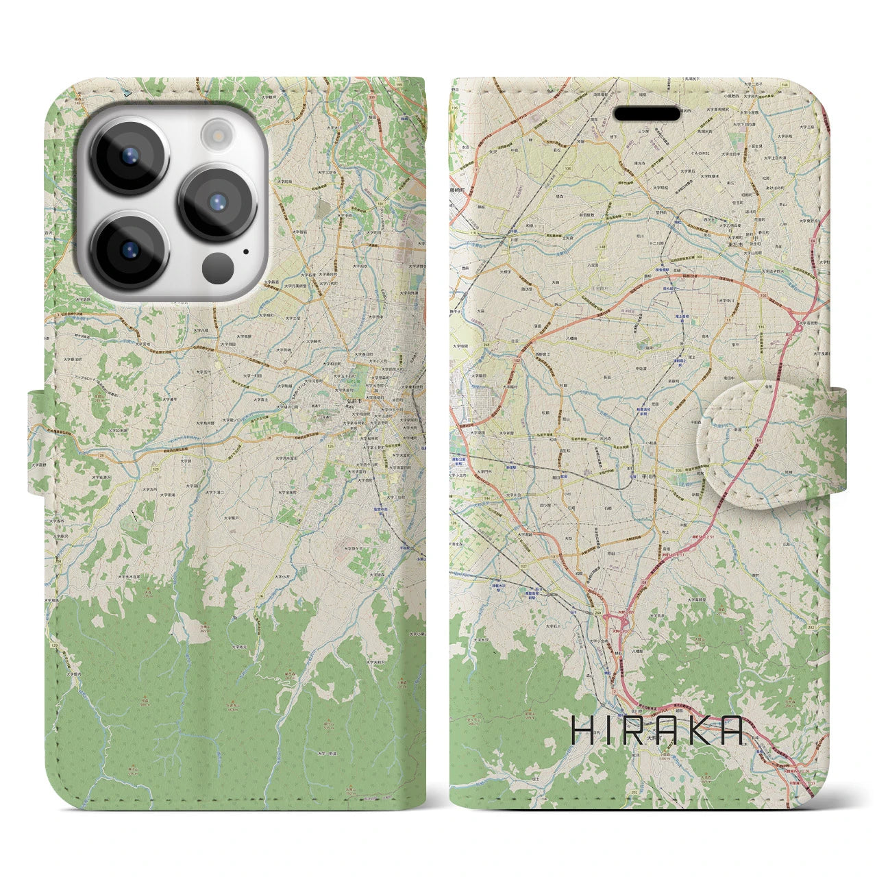 【平賀】地図柄iPhoneケース（手帳両面タイプ・ナチュラル）iPhone 14 Pro 用