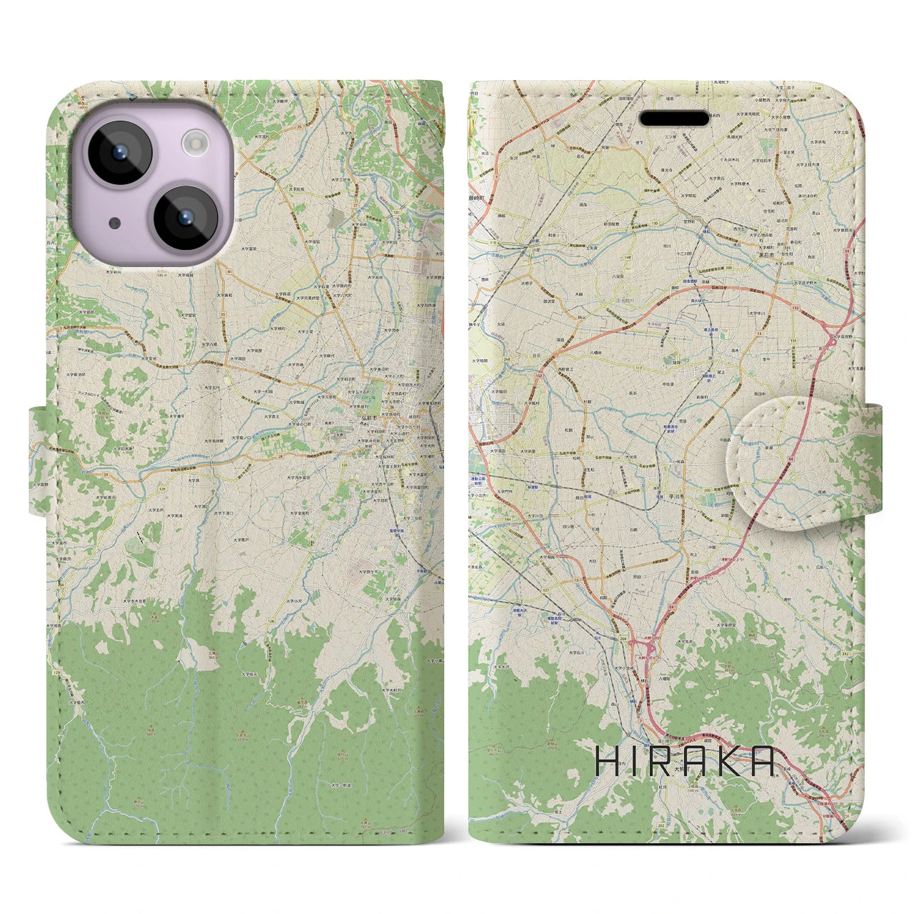 【平賀】地図柄iPhoneケース（手帳両面タイプ・ナチュラル）iPhone 14 用