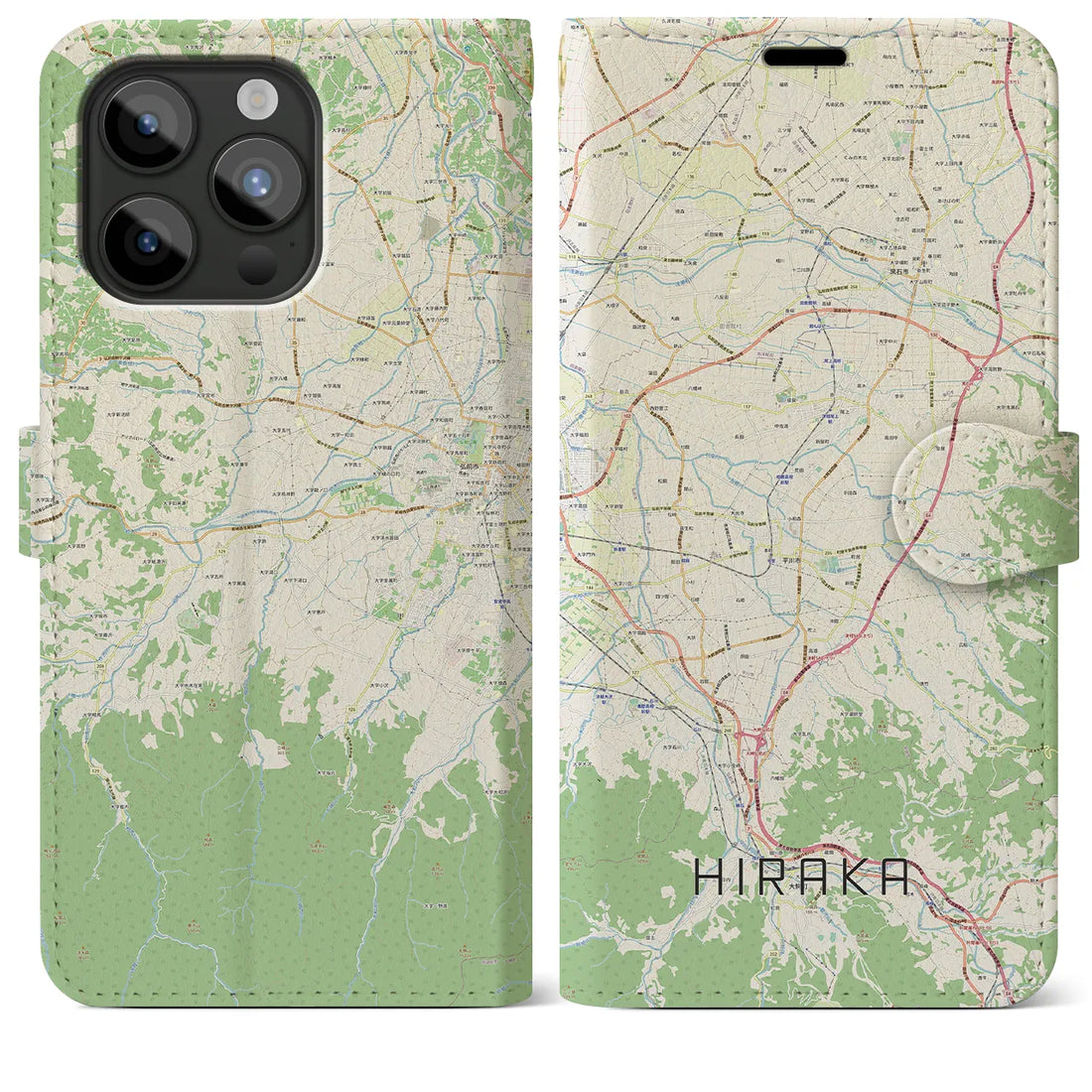 【平賀】地図柄iPhoneケース（手帳両面タイプ・ナチュラル）iPhone 15 Pro Max 用
