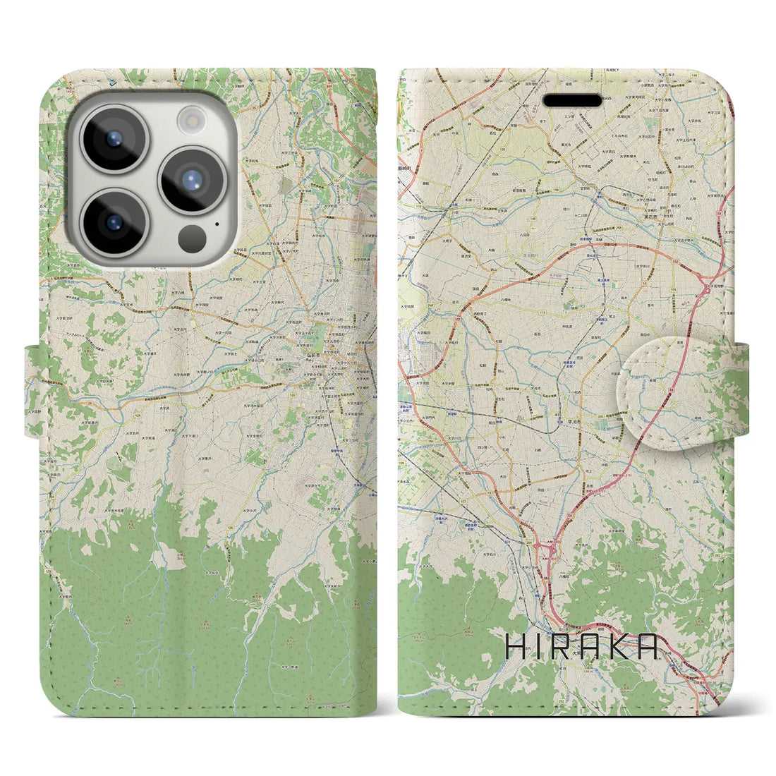 【平賀】地図柄iPhoneケース（手帳両面タイプ・ナチュラル）iPhone 15 Pro 用