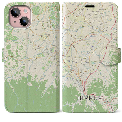 【平賀（青森県）】地図柄iPhoneケース（手帳タイプ）ナチュラル・iPhone 15 Plus 用