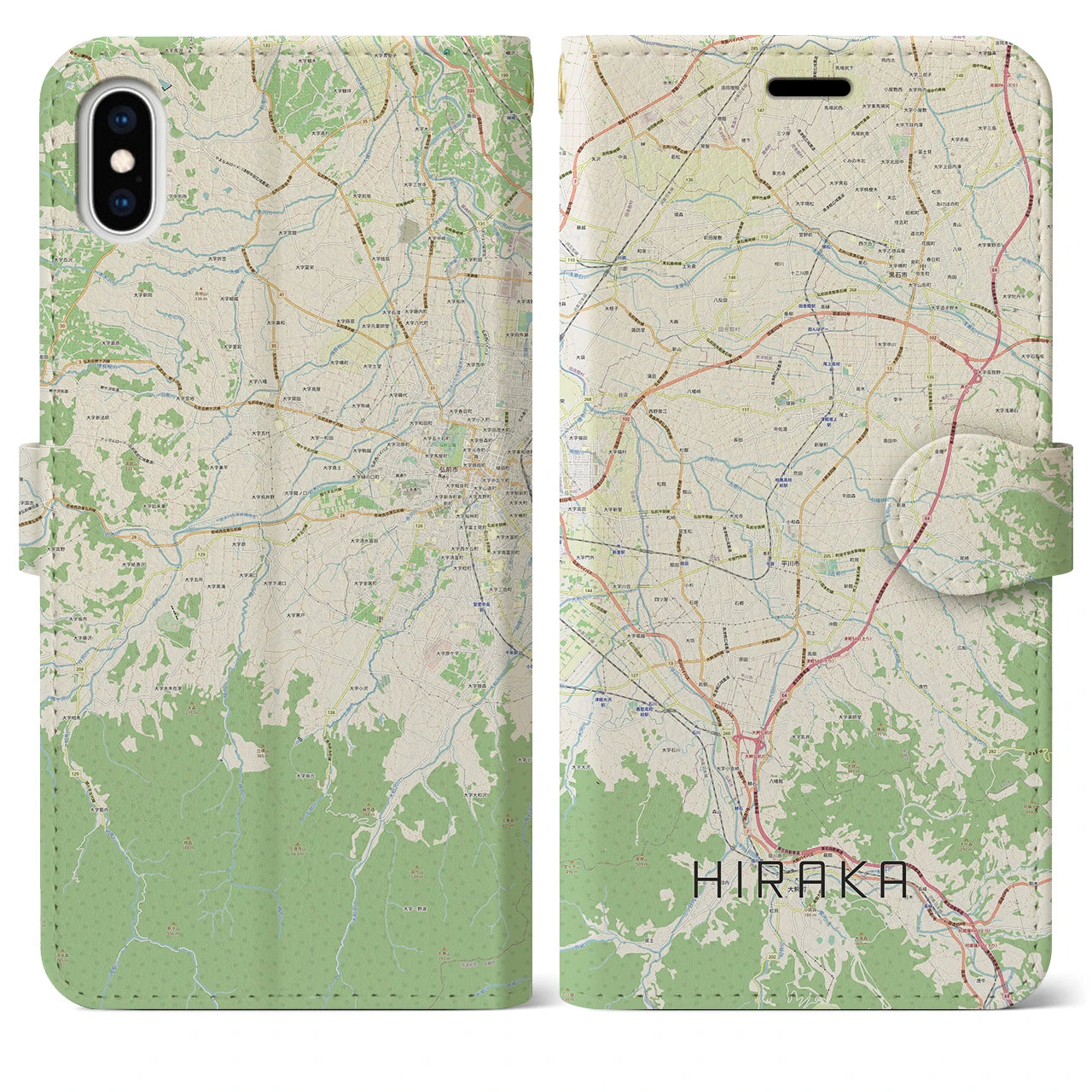 【平賀】地図柄iPhoneケース（手帳両面タイプ・ナチュラル）iPhone XS Max 用