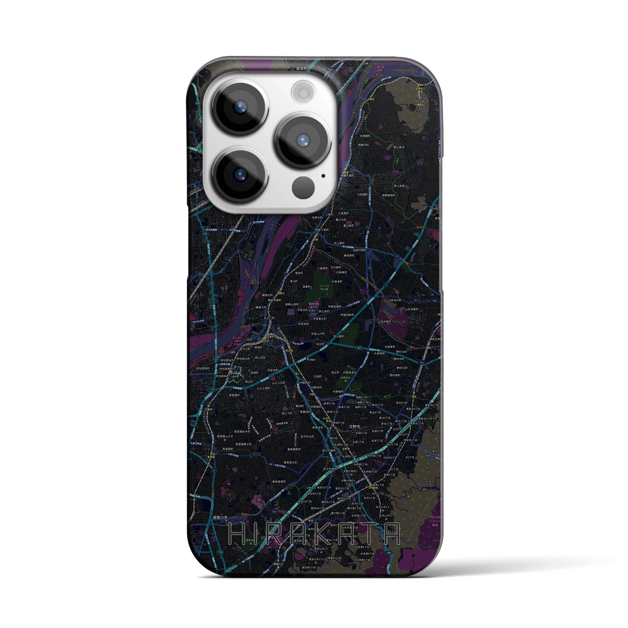 【枚方】地図柄iPhoneケース（バックカバータイプ・ブラック）iPhone 14 Pro 用
