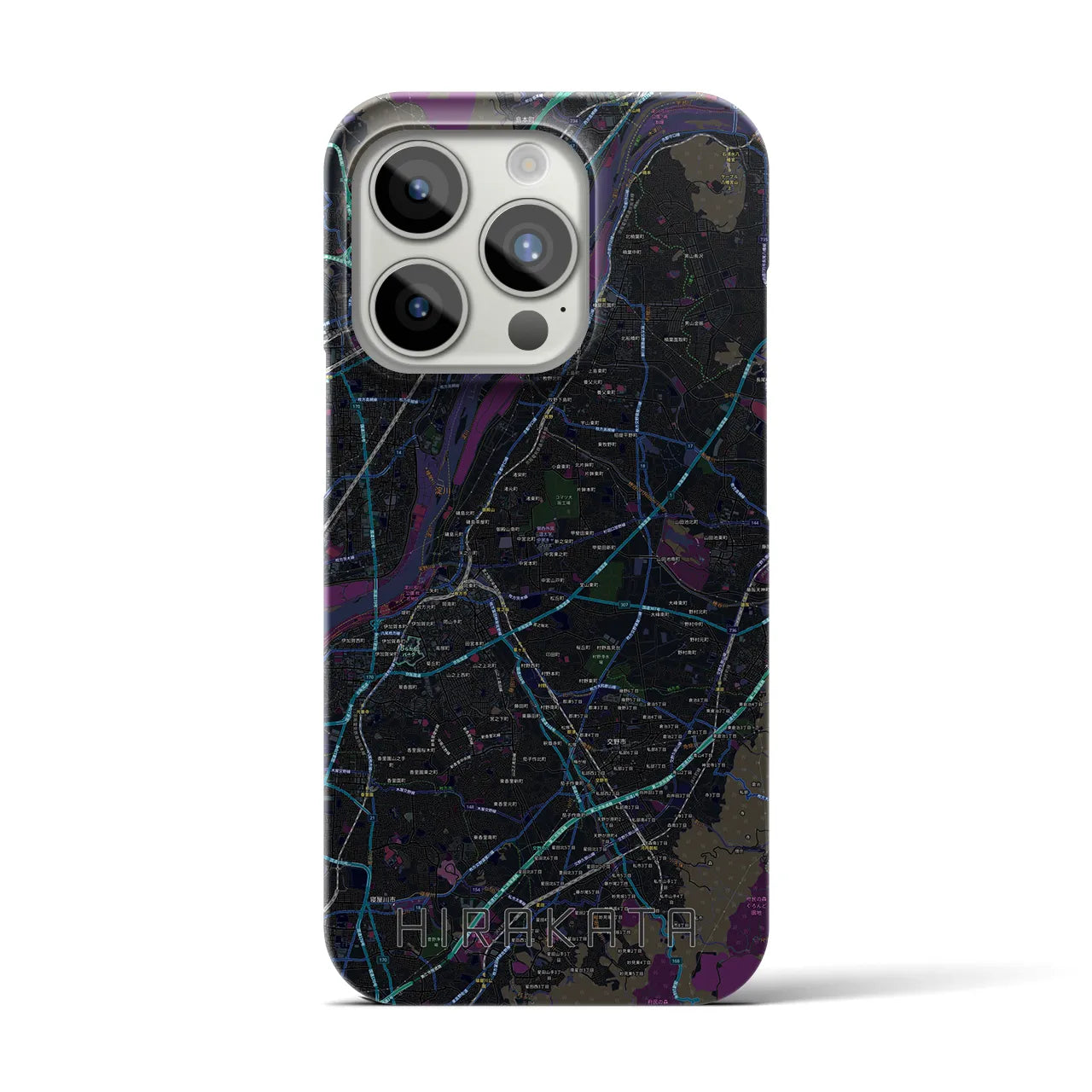 【枚方】地図柄iPhoneケース（バックカバータイプ・ブラック）iPhone 15 Pro 用