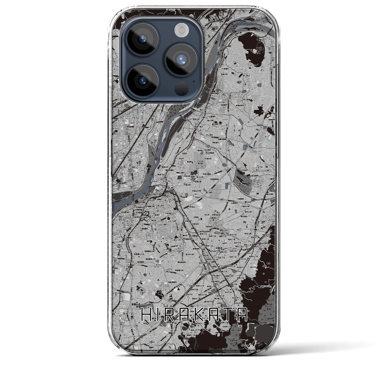 【枚方】地図柄iPhoneケース（クリアタイプ・モノトーン）iPhone 15 Pro Max 用