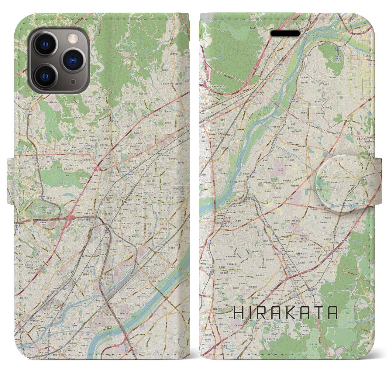 【枚方】地図柄iPhoneケース（手帳両面タイプ・ナチュラル）iPhone 11 Pro Max 用