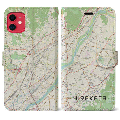 【枚方】地図柄iPhoneケース（手帳両面タイプ・ナチュラル）iPhone 11 用