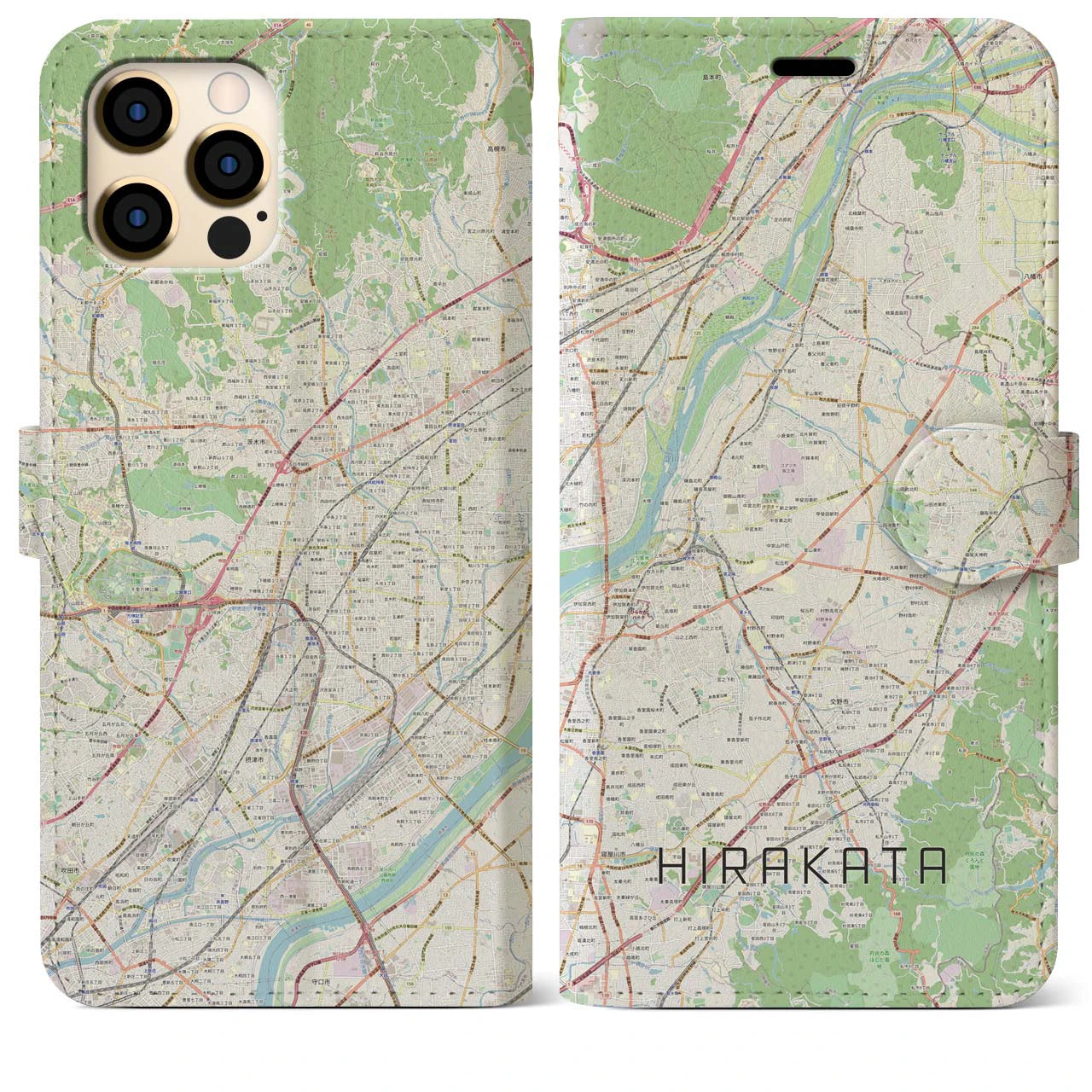 【枚方】地図柄iPhoneケース（手帳両面タイプ・ナチュラル）iPhone 12 Pro Max 用