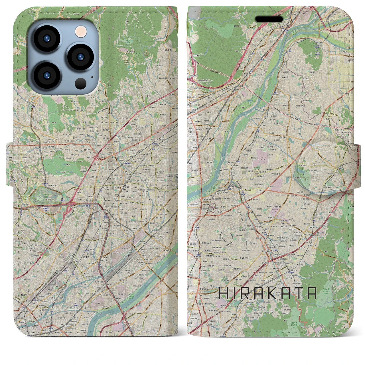 【枚方】地図柄iPhoneケース（手帳両面タイプ・ナチュラル）iPhone 13 Pro Max 用