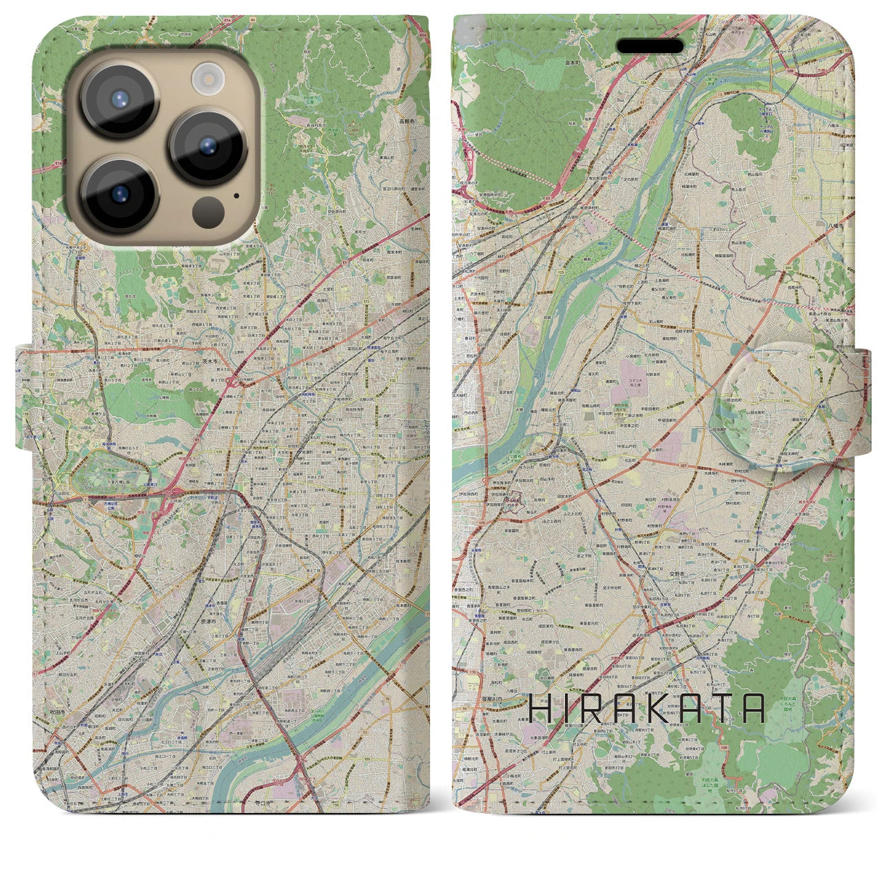 【枚方】地図柄iPhoneケース（手帳両面タイプ・ナチュラル）iPhone 14 Pro Max 用