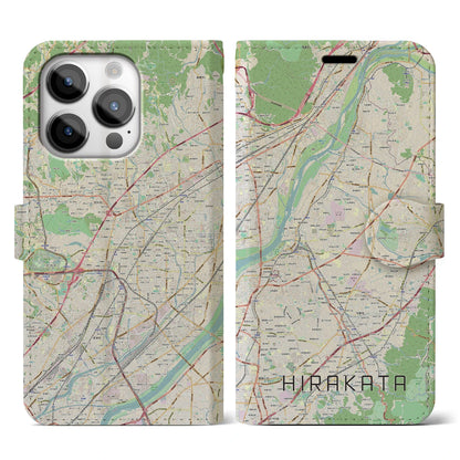 【枚方】地図柄iPhoneケース（手帳両面タイプ・ナチュラル）iPhone 14 Pro 用