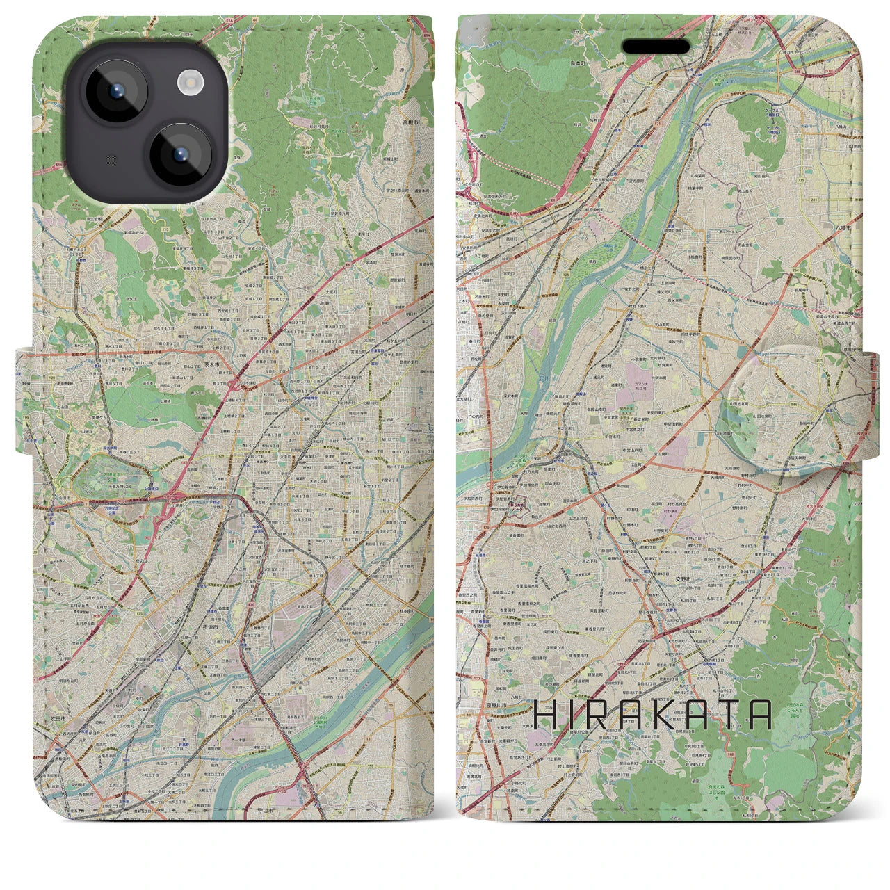 【枚方】地図柄iPhoneケース（手帳両面タイプ・ナチュラル）iPhone 14 Plus 用