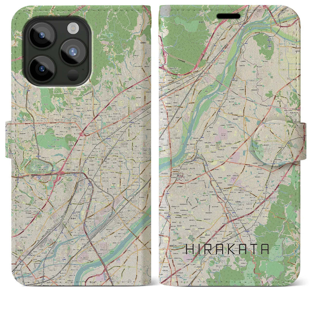 【枚方】地図柄iPhoneケース（手帳両面タイプ・ナチュラル）iPhone 15 Pro Max 用