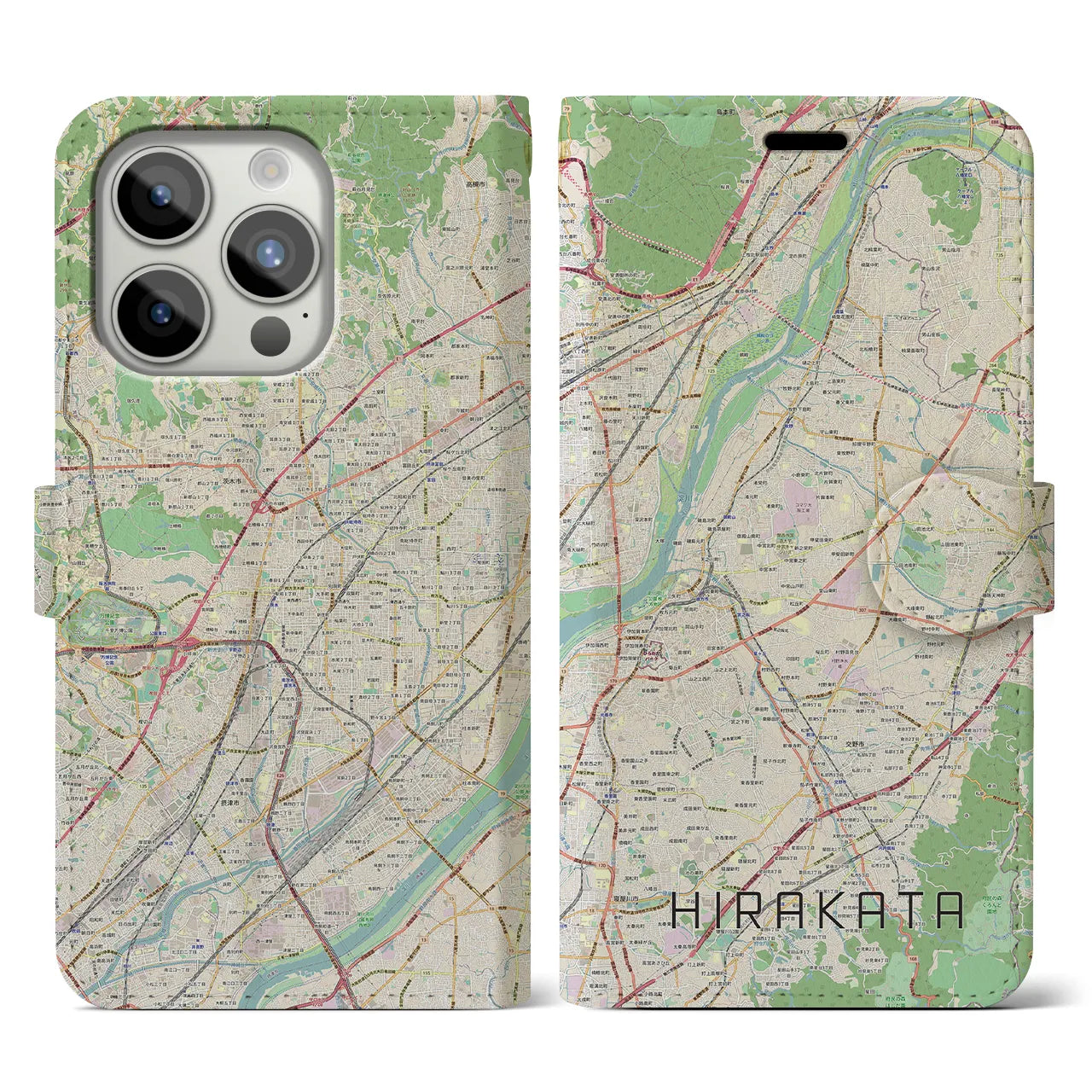 【枚方】地図柄iPhoneケース（手帳両面タイプ・ナチュラル）iPhone 15 Pro 用