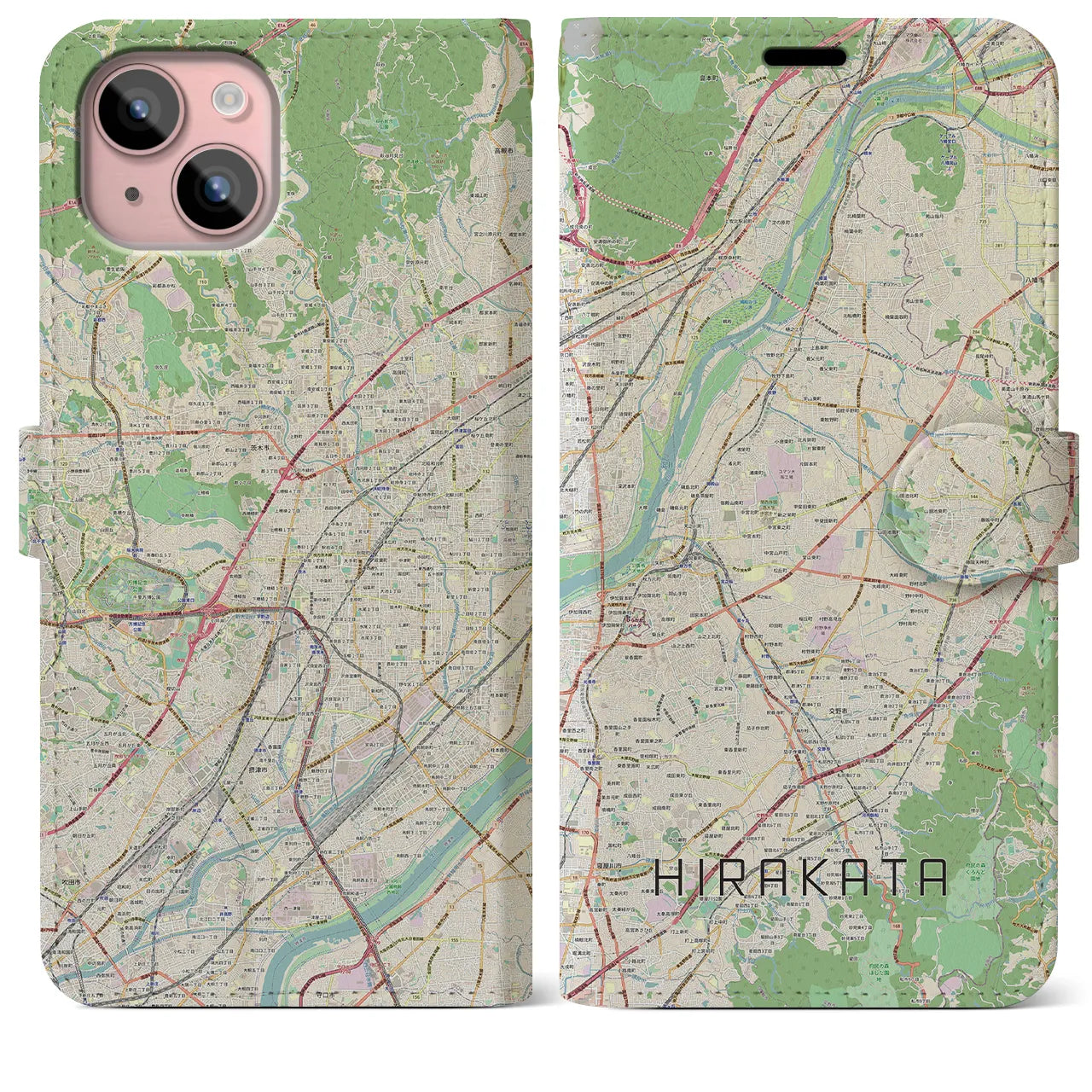 【枚方】地図柄iPhoneケース（手帳両面タイプ・ナチュラル）iPhone 15 Plus 用