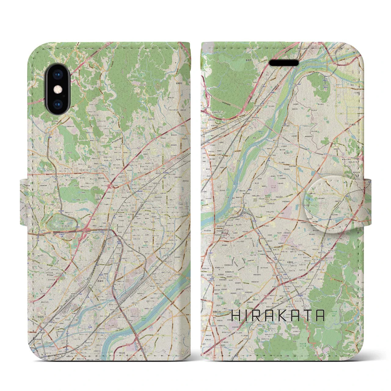 【枚方】地図柄iPhoneケース（手帳両面タイプ・ナチュラル）iPhone XS / X 用
