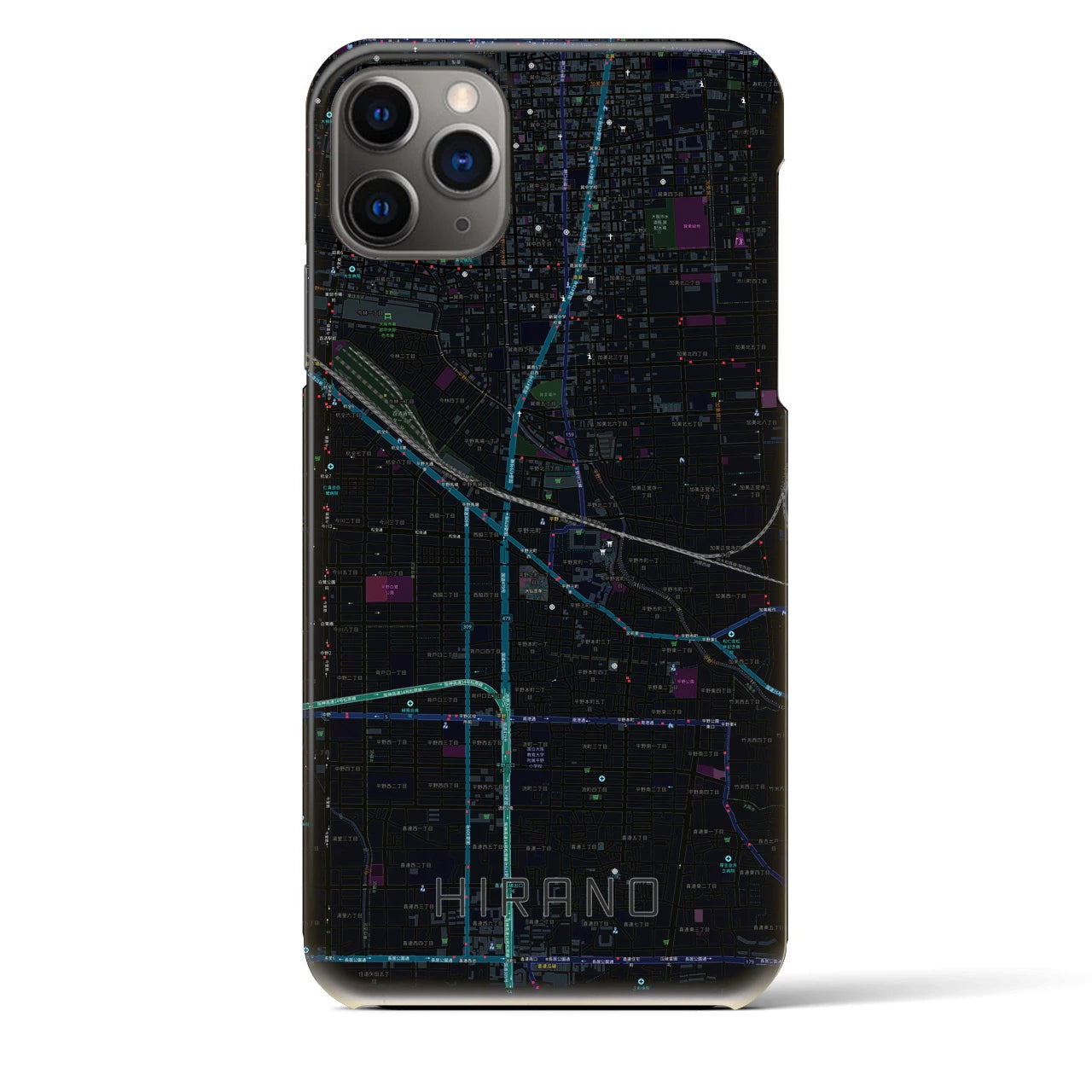 【平野】地図柄iPhoneケース（バックカバータイプ・ブラック）iPhone 11 Pro Max 用