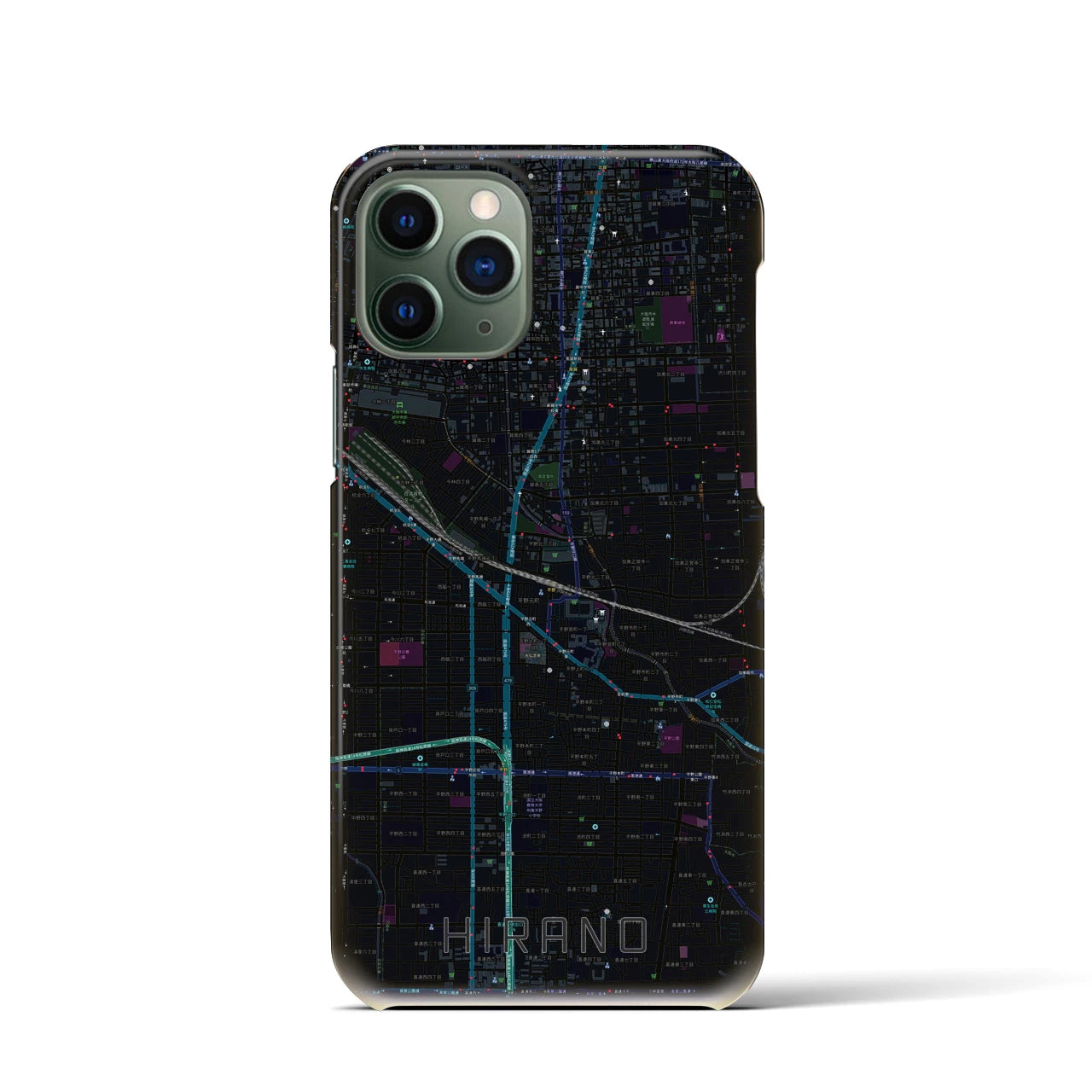 【平野】地図柄iPhoneケース（バックカバータイプ・ブラック）iPhone 11 Pro 用