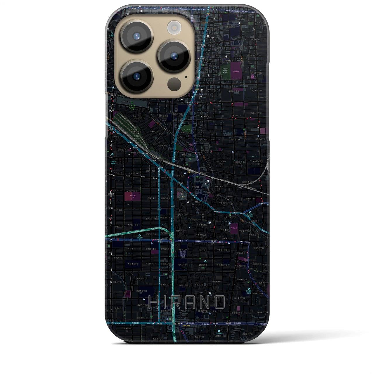 【平野】地図柄iPhoneケース（バックカバータイプ・ブラック）iPhone 14 Pro Max 用