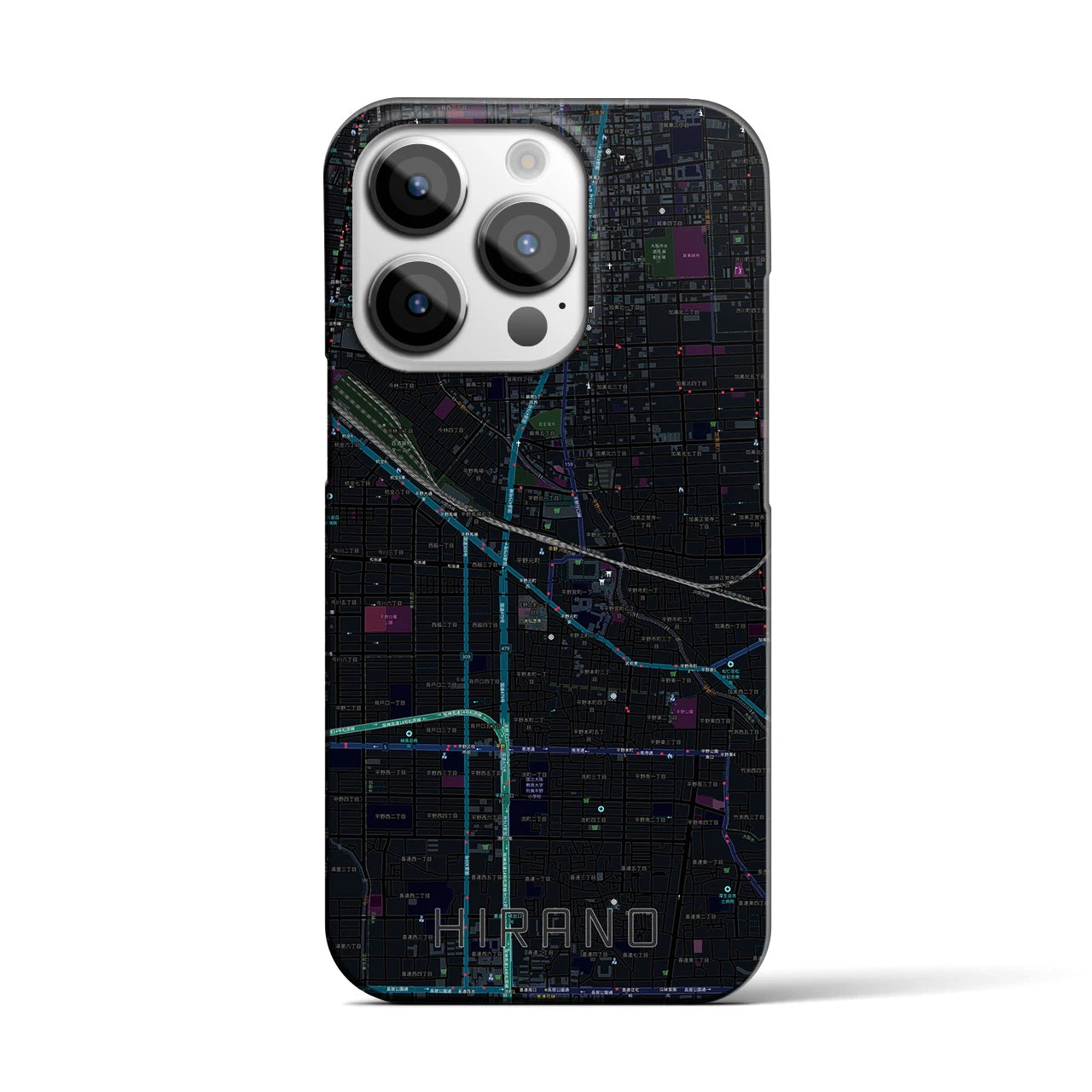 【平野】地図柄iPhoneケース（バックカバータイプ・ブラック）iPhone 14 Pro 用