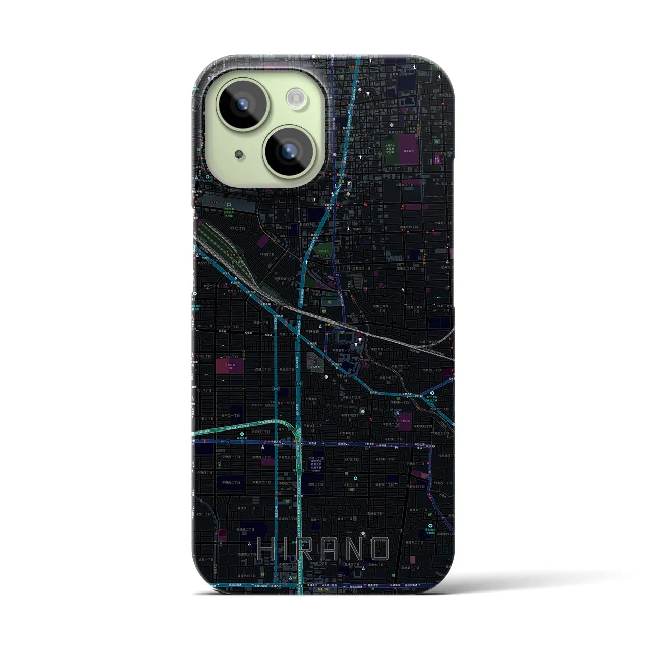 【平野】地図柄iPhoneケース（バックカバータイプ・ブラック）iPhone 15 用