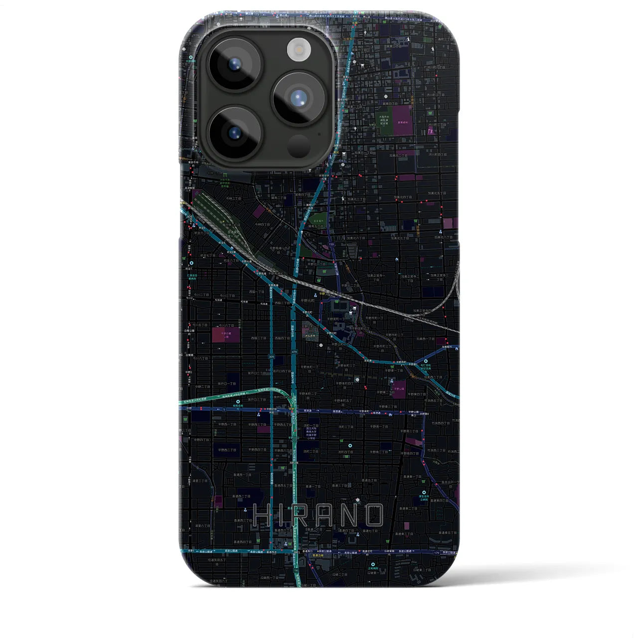 【平野】地図柄iPhoneケース（バックカバータイプ・ブラック）iPhone 15 Pro Max 用