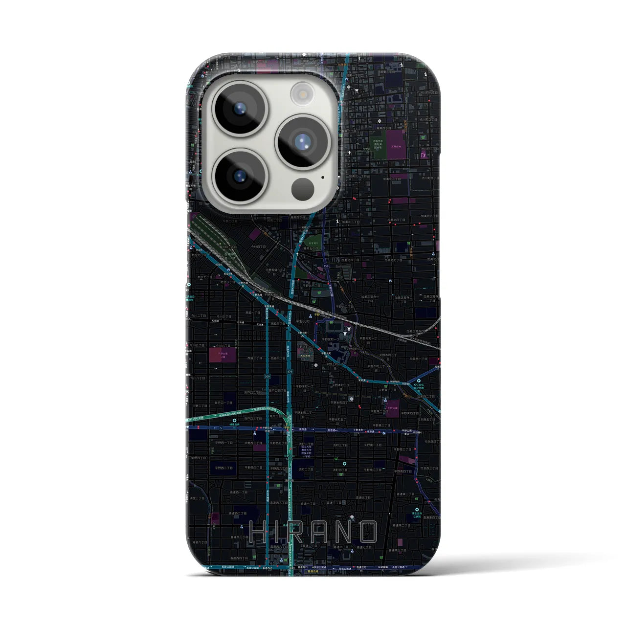 【平野】地図柄iPhoneケース（バックカバータイプ・ブラック）iPhone 15 Pro 用