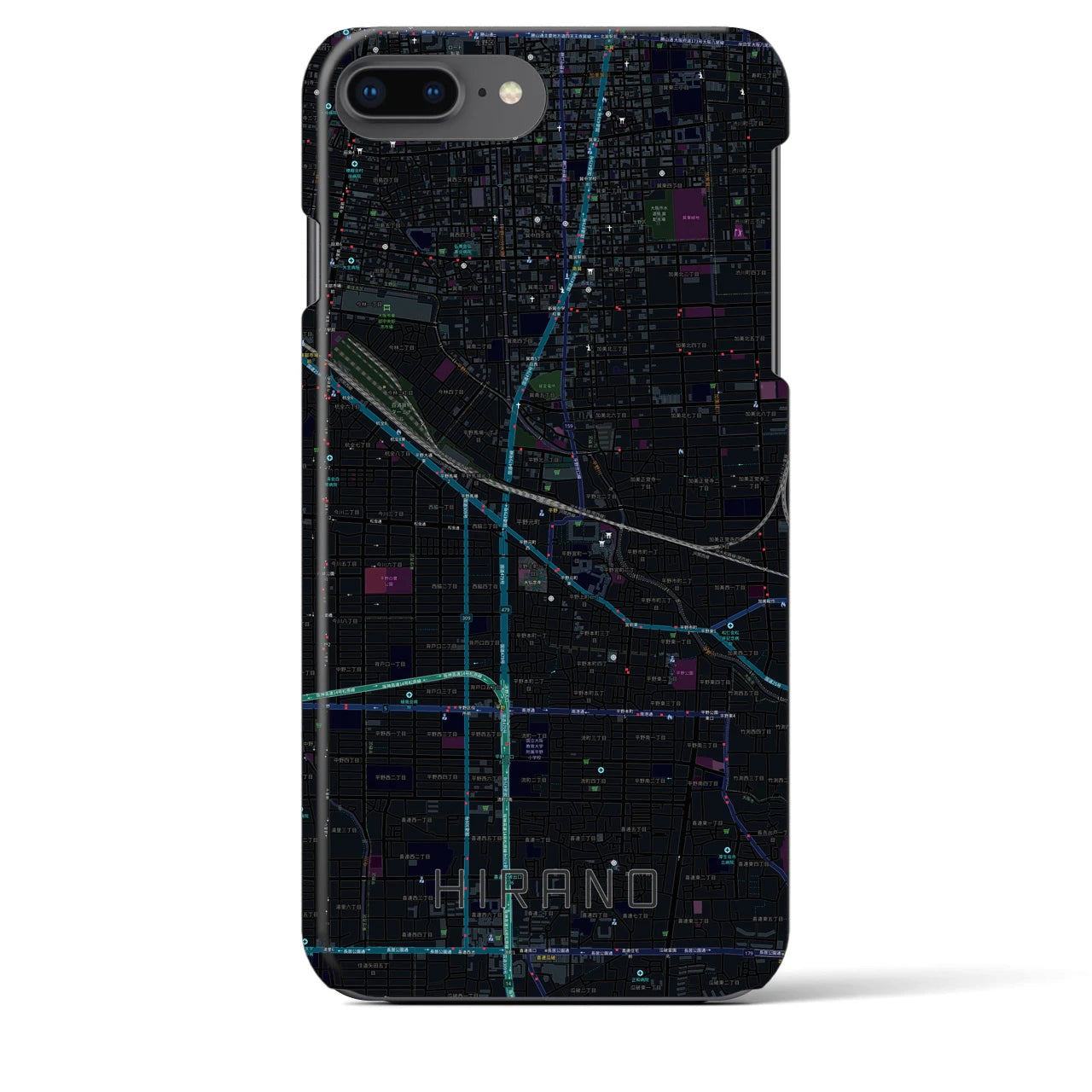 【平野】地図柄iPhoneケース（バックカバータイプ・ブラック）iPhone 8Plus /7Plus / 6sPlus / 6Plus 用