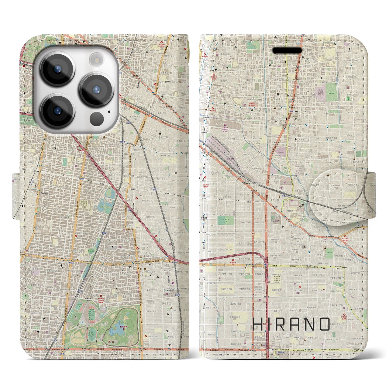 【平野】地図柄iPhoneケース（手帳両面タイプ・ナチュラル）iPhone 14 Pro 用