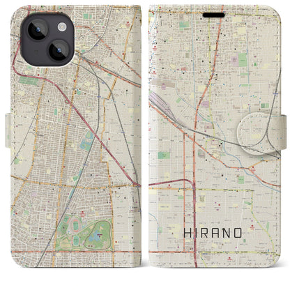 【平野】地図柄iPhoneケース（手帳両面タイプ・ナチュラル）iPhone 14 Plus 用
